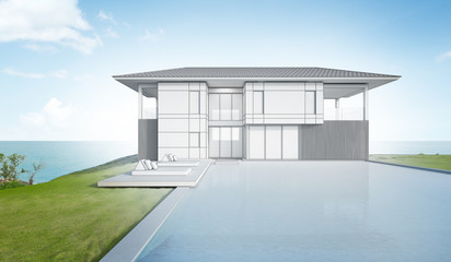 Fototapeta na wymiar Sketch design of modern beach house and pool - 3d rendering