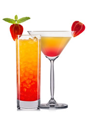 Set of orange cocktails with decoration from fruits and colorful straw isolated on white background.