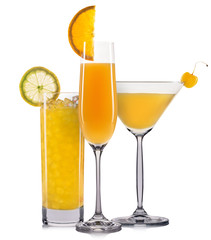 Set of orange cocktails with decoration from fruits and colorful straw isolated on white background.