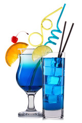 Set of blue cocktails with decoration from fruits and colorful straw isolated on white background.