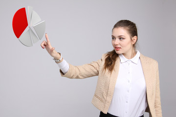 Woman shows a pie chart, circle diagram. Business analytics concept.