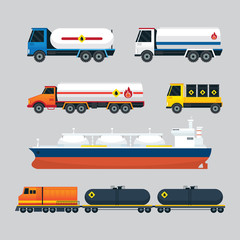 Oil Industry Vehicles, Transportation Set, Truck, Tanker Ship and Train, Side View