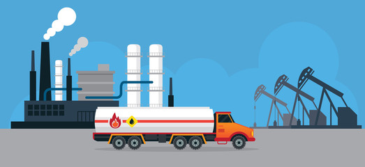 Oil Tank Truck Side View and Refinery, Gas, Petroleum, Fuel, Background