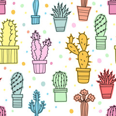 Vector seamless pattern of lovely green cacti and plants in pots