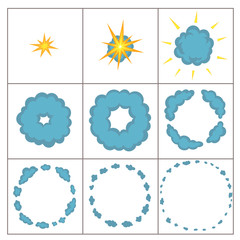 Explode effect animation with smoke. Cartoon bang explosion frames for game. Sprite sheet for cartoon fire puff explosion, mobile, flash game effect animation.