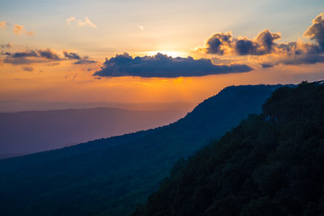 Sunset evening on the top of mountain. Nature traveling or save the earth concept.