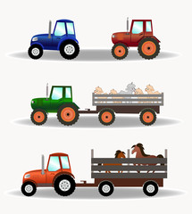 Set of tractors with trailers carrying animals