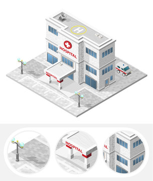 Isometric High Quality City Element with 45 Degrees Shadows on White Background. Hospital