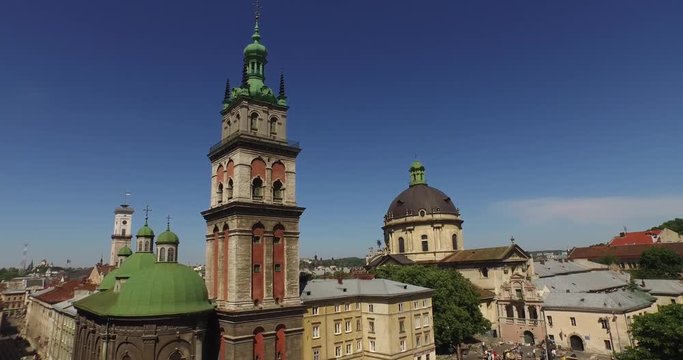 Lviv roofs and streets aerial view, Ukraine