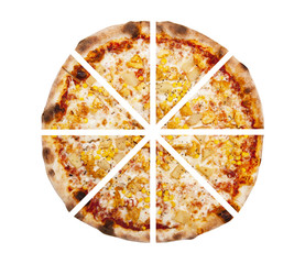 Eight pieces of pizza isolated on the white background