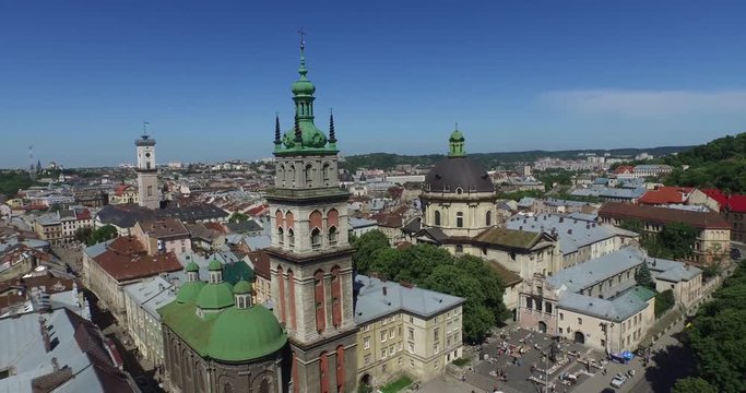 Lviv roofs and streets aerial view, Ukraine Dominican  in Lviv