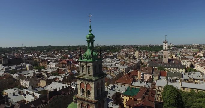 Lviv roofs and streets aerial view, Ukraine in Lviv