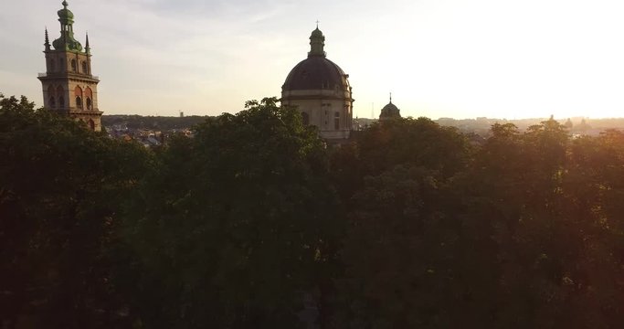Aerial Old City Lviv, Ukraine. European City. Densely populated areas of the city.