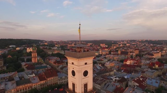 Aerial Old City Lviv, Ukraine. Central part of old city. European City. Densely populated areas of the city. Town hall. Lviv central. Ratush