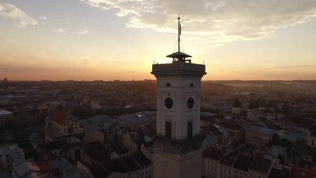 Aerial Old City Lviv, Ukraine. Central part of old city. European City. Densely populated areas of the city. Town hall. Lviv central. Ratush in Lviv