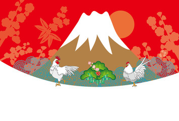 ニワトリと富士山の赤の背景のイラストeps 酉年年賀状ベクター素材