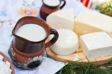 Dairy products on wooden table.