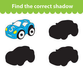 Children's educational game, find correct shadow silhouette. Toy car, set the game to find the right shade. Vector illustration