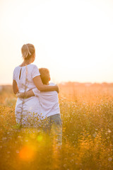 Beautiful young woman with her son on the daisy meadow on a sunny day. Happy family on summer sunset. Kid boy hugging his mother. Happy mum with child.