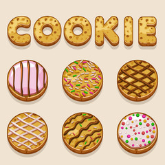 Cartoon cookie, biskvit vector food letters