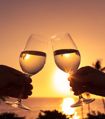 Couple holding pair of wine glasses. 