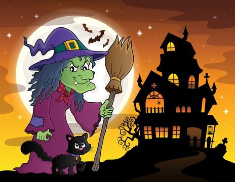 Witch with cat and broom theme image 3