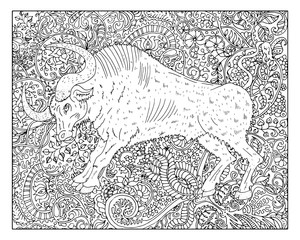 Hand drawn ox against zen floral pattern background