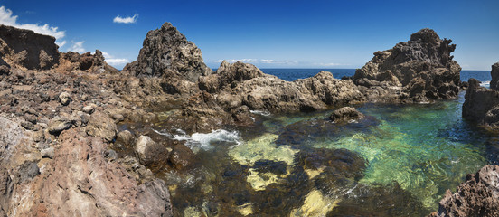Panorama of Volcanic coastline landscape. South Tenerife coastline, Canary island, Spain.