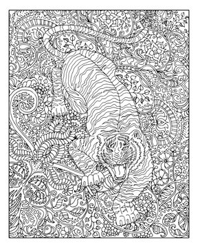 Hand drawn tiger against zen floral pattern background