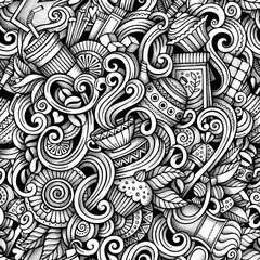 Cartoon hand-drawn doodles tea and coffee seamless pattern