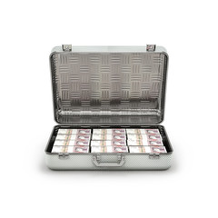 Briefcase ransom pounds / 3D illustration of stacks of fifty pound notes inside metal briefcase