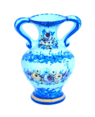 Blue vase with flower decoration on white background