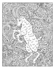 Fototapeta premium Hand drawn goat against zen floral pattern background