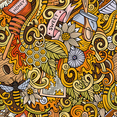 Cartoon cute doodles hand drawn Honey seamless pattern
