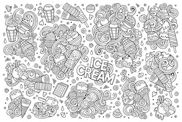 Line art vector cartoon set of ice-cream objects