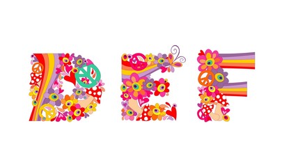 Hippie childish alphabet with colorful abstract flowers, rainbow and mushrooms. DEF