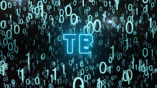 Seamless looping animation with the word TB composed into falling bluish binary code