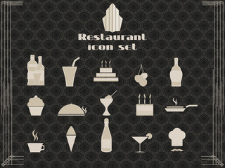 Restaurant icons in art deco style. Cooking and kitchen icons. Vector illustration.