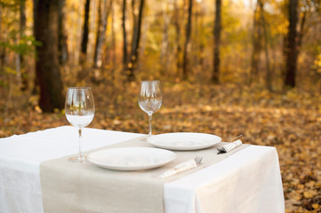 Decorated table in the autumn forest