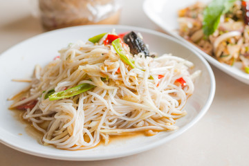 Plakat Close up Papaya Salad with Vermicelli, Salted Crab and Fermented