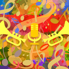 Colorful music background with trumpets and microphone