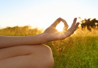 Fototapeta na wymiar Peaceful serenity. Closeup of woman's hand meditating in the park.