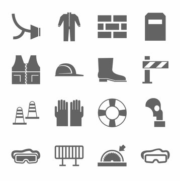 Occupational safety, personal safety, icons monochrome flat. Vector icons with protective clothing and items of human security. Monochrome picture on a white background.  