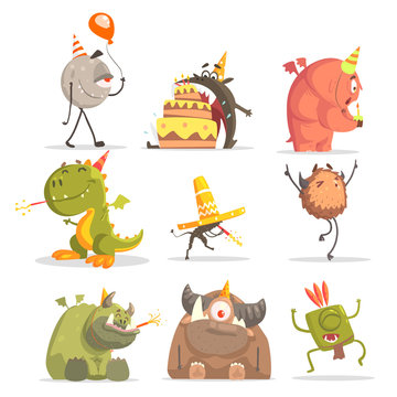 Monsters On Birthday Party In Funny Situations.