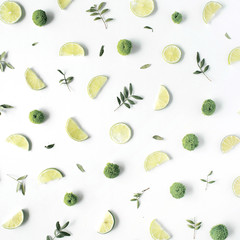 lime and green branches pattern on white background. flat lay, top view