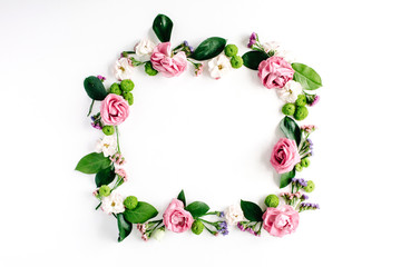 round frame wreath pattern with roses, pink flower buds, branches and leaves isolated on white background. flat lay, top view