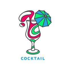 colorful abstract cocktail logo, vector illustration isolated on white background. Modern alcoholic beverage icon, cocktail glass symbol with straw and umbrella. Artistic vector cocktail logo
