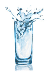 Isolated watercolor glass. Glass of water with ice cubes and splash. Fresh healthy beverage.