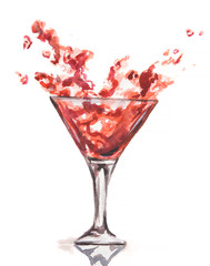 Watercolor wine splash. Splash in wine glasses. Beautiful glasses for decoration menu in restaurant or cafe. Alcoholic beverage.