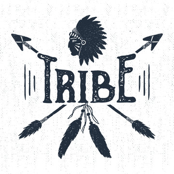 Hand drawn tribal label with textured headdress and arrows vector illustration and "Tribe" lettering.